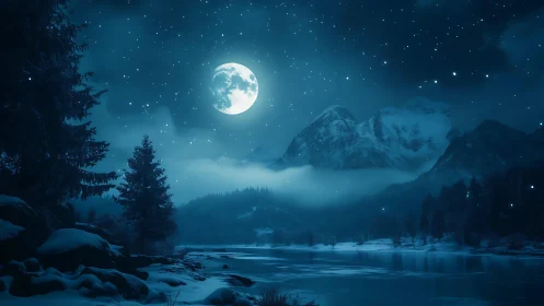 Full moon illuminates snowy mountain lake under stars
