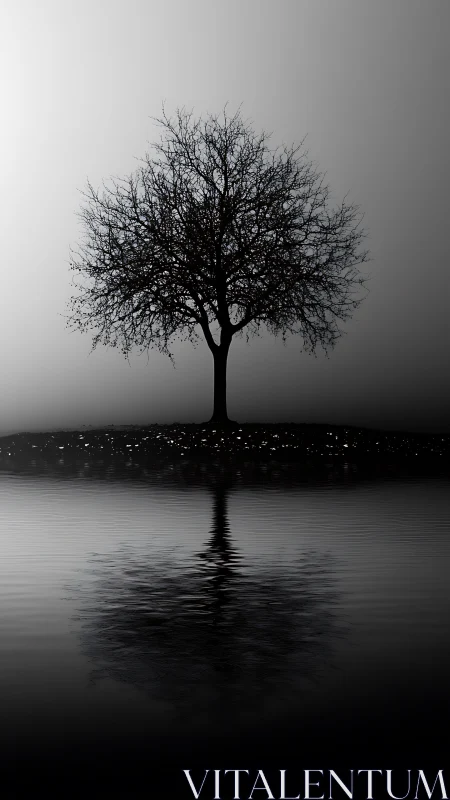 Solitary winter tree reflected in calm monochrome water surface