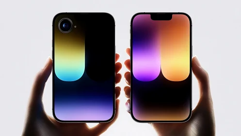 Dual smartphone displays with gradient wallpapers.