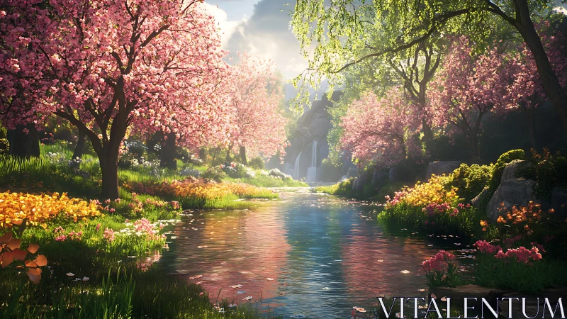 Blossoming river valley glows beneath soft spring sunlight.