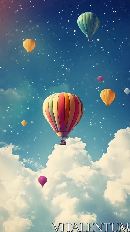 Colorful hot air balloons drift through a starry cloudscape