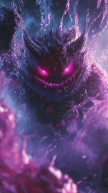 Monstrous purple entity emerges with glowing pink eyes