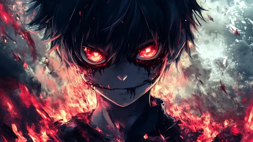 Dark anime figure with glowing red eyes amid surrounding flames.