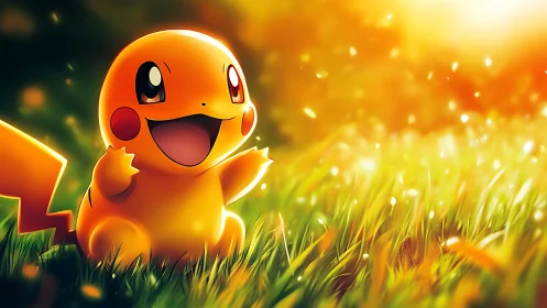 Electric creature in glowing meadow under radiant sunset.