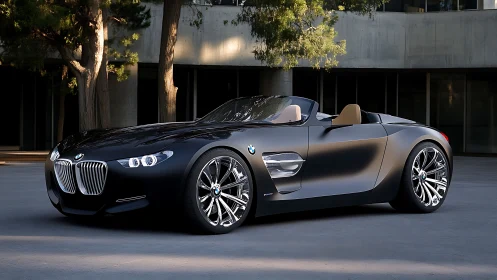 Black BMW roadster concept is parked in an urban courtyard