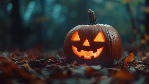 Glowing jack o lantern on wet autumn leaf litter at twilight