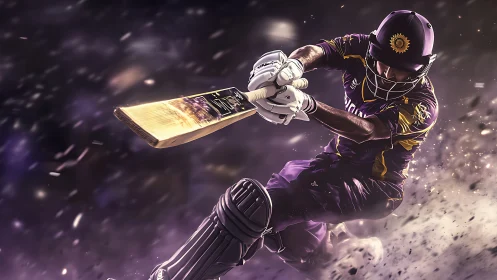 Cricket batter drives the ball in a powerful purple blur