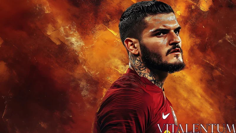 Tattooed football warrior ignites against molten skies.