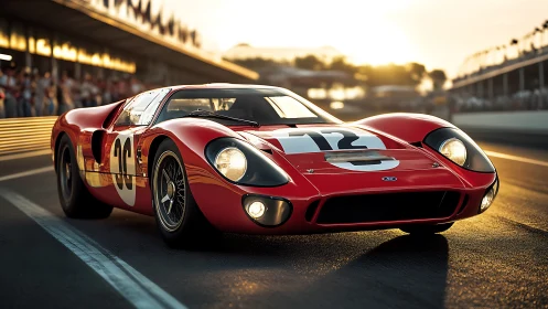Vintage red racing car on track in evening sunlight.