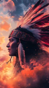 Digital portrait of tribal chief in flaming sunset clouds.