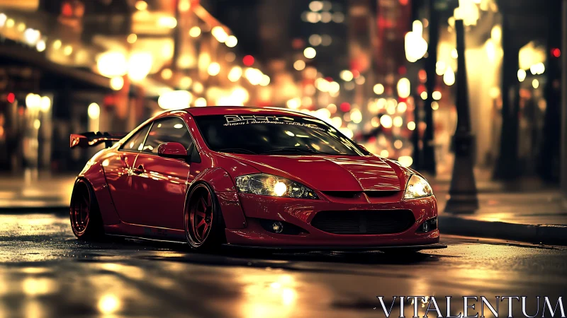 Modified red sports car stands on wet city street at night
