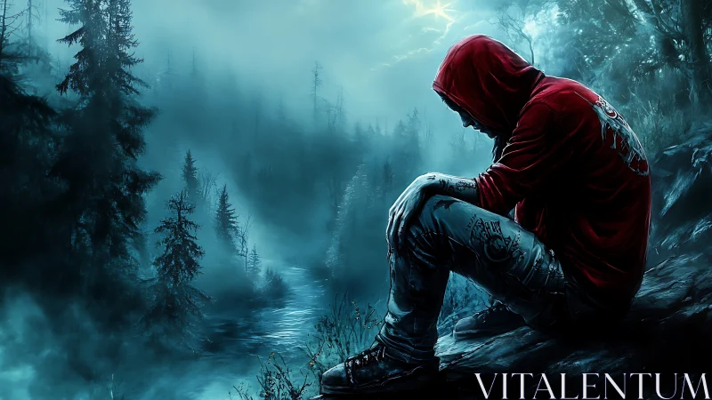 Solitary hooded figure contemplates misty forest river gorge