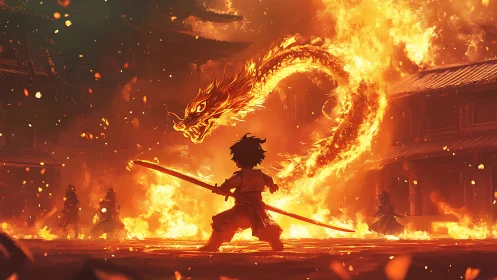 Child warrior facing flaming dragon in burning courtyard.
