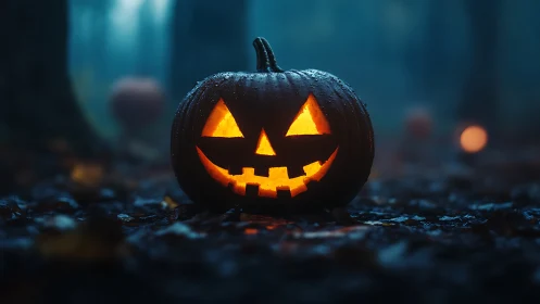 Glowing jack-o’-lantern grins in a misty, moonlit forest clearing