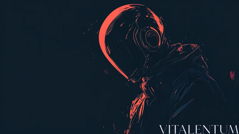 Hooded figure in helmet rendered in dark neon profile