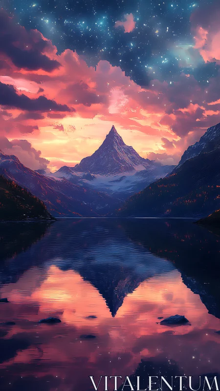 Symmetrical mountain and sky reflection occupies vertical frame