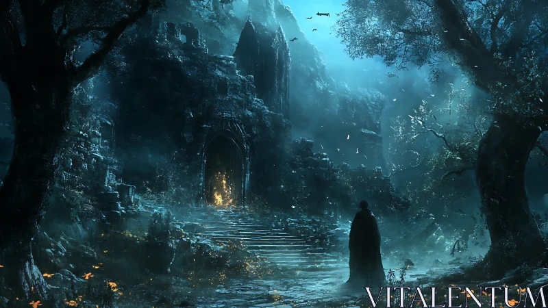 Cloaked wanderer approaches ruined citadel under eerie moon