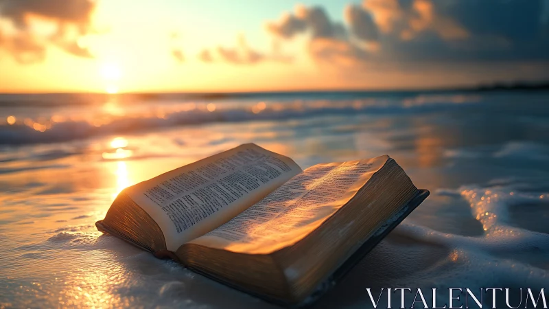 Open book on wet shoreline under low coastal sunset light.