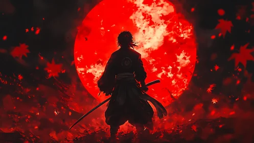 Lone samurai greets a blazing red moon in swirling leaves