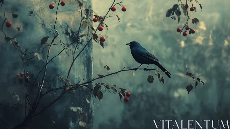 Black Bird Perched Among Red Berries and Weathered Stone.