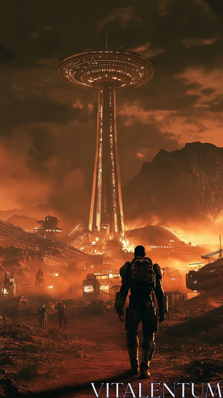 Astronaut walks toward towering ringed structure on red world