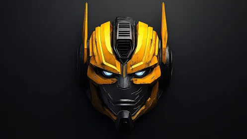 Robotic yellow faceplate is centered against a dark background