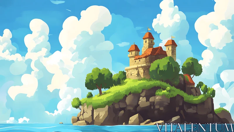 Medieval Castle on Floating Island in Sky