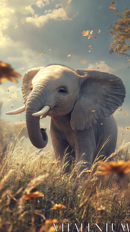 Gentle elephant wanders through sunlit meadow of wildflowers