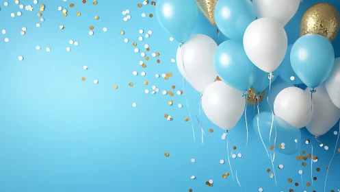 Balloons and Confetti Against Blue Background.