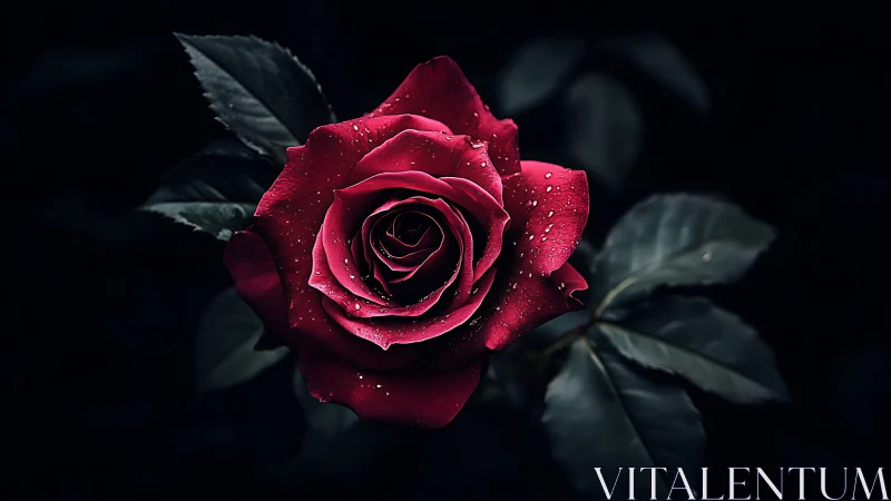 Deep Crimson Rose with Water Droplets Against Dark Background.
