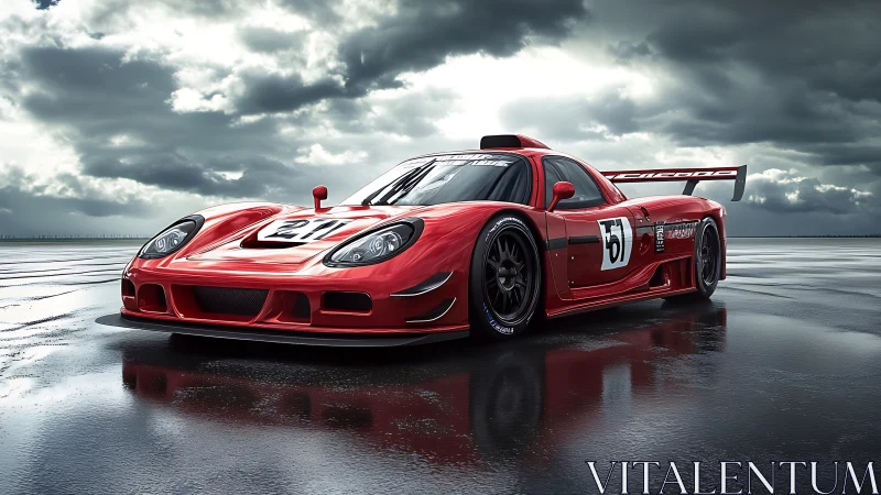 Red racing car on wet track under overcast sky conditions.
