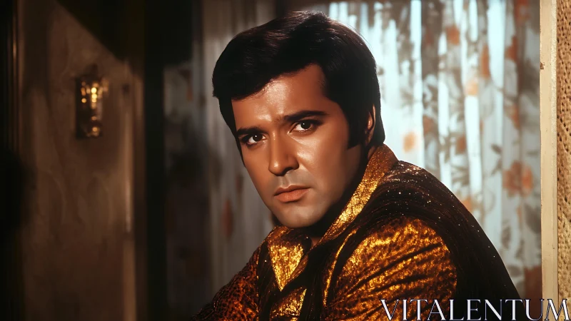 Cinematic male portrait rendered in warm retro photorealism