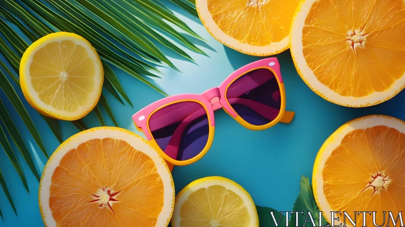 Vibrant summer flat lay with pink sunglasses and citrus fruits. Vibrant summer flat lay with pink sunglasses and citrus fruits.