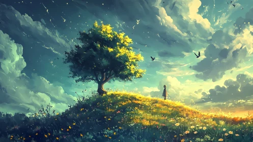 Lone child on sunlit wildflower hill beneath luminous sky