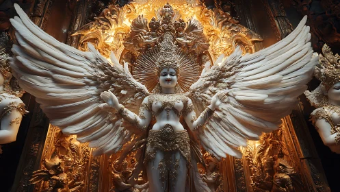 Winged goddess statue with ornate golden temple backdrop.