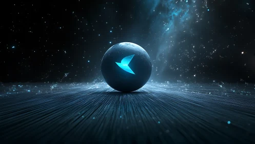 Luminous cyan emblem sphere on cosmic particle field plane