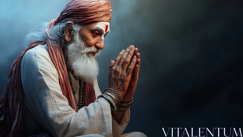Digital portrait of elderly spiritual man in prayerful pose.