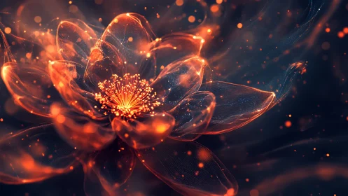 Digital abstract flower structure glows against dark field