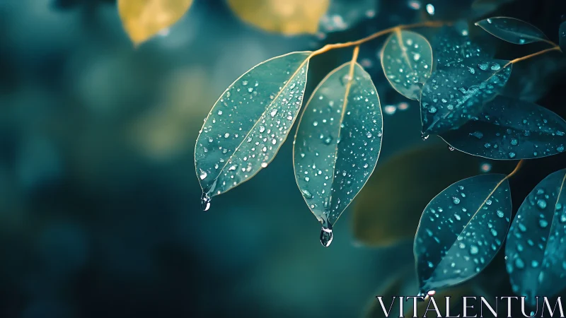 Macro optical study of rain-soaked teal foliage geometry.