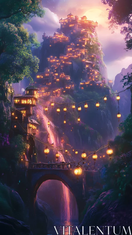 Mountain village glows with dense lantern lights at night