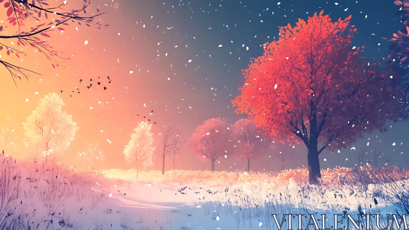 Autumn trees in luminous snowfall merge warm and cool tones