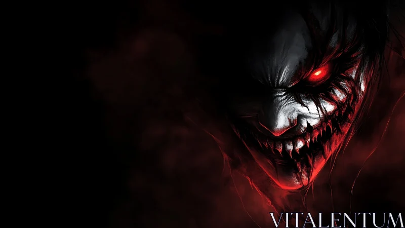 Monochrome demonic face with red glowing eye in darkness.