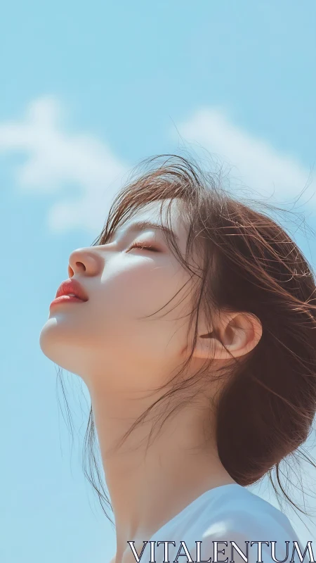 Side-lit serene portrait amid clear summer sky backdrop.