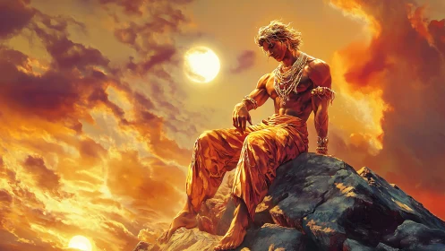 Sun-crowned wanderer resting on a molten-cloud summit.