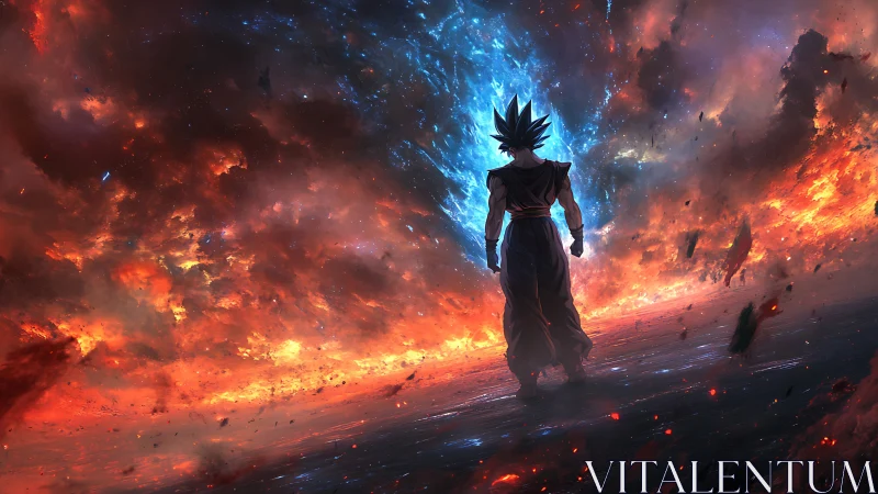 Cosmic-scale energy duel with silhouetted anime combatant.