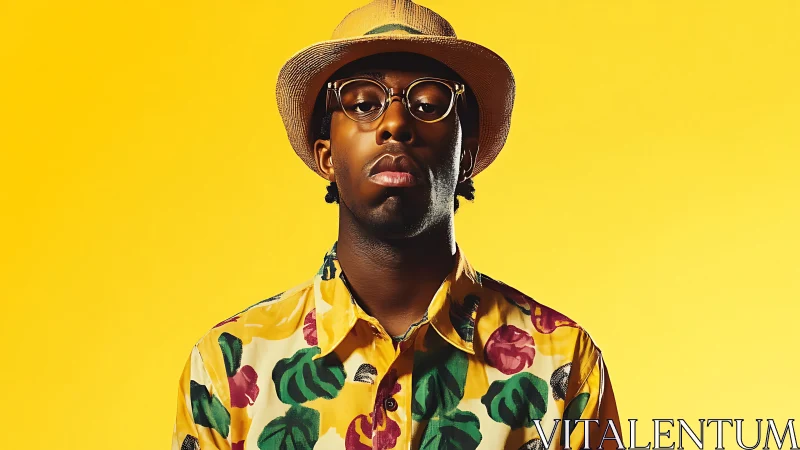 Sunlit cool hunter in tropical shirt and straw hat swagger.