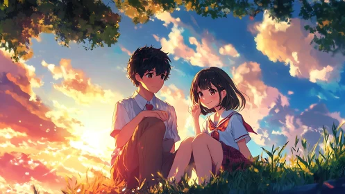 Sunset gently frames two anime students sharing a quiet moment