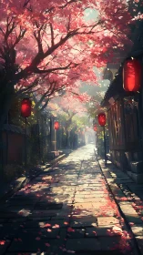 Cherry blossom alleyway under lantern glow at golden hour.