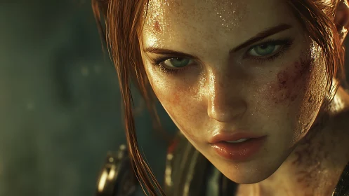 Close-up render of wet, freckled female game character face.