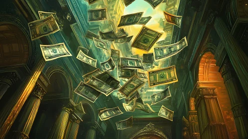 Dollar bills swirl through glowing neoclassical hall.